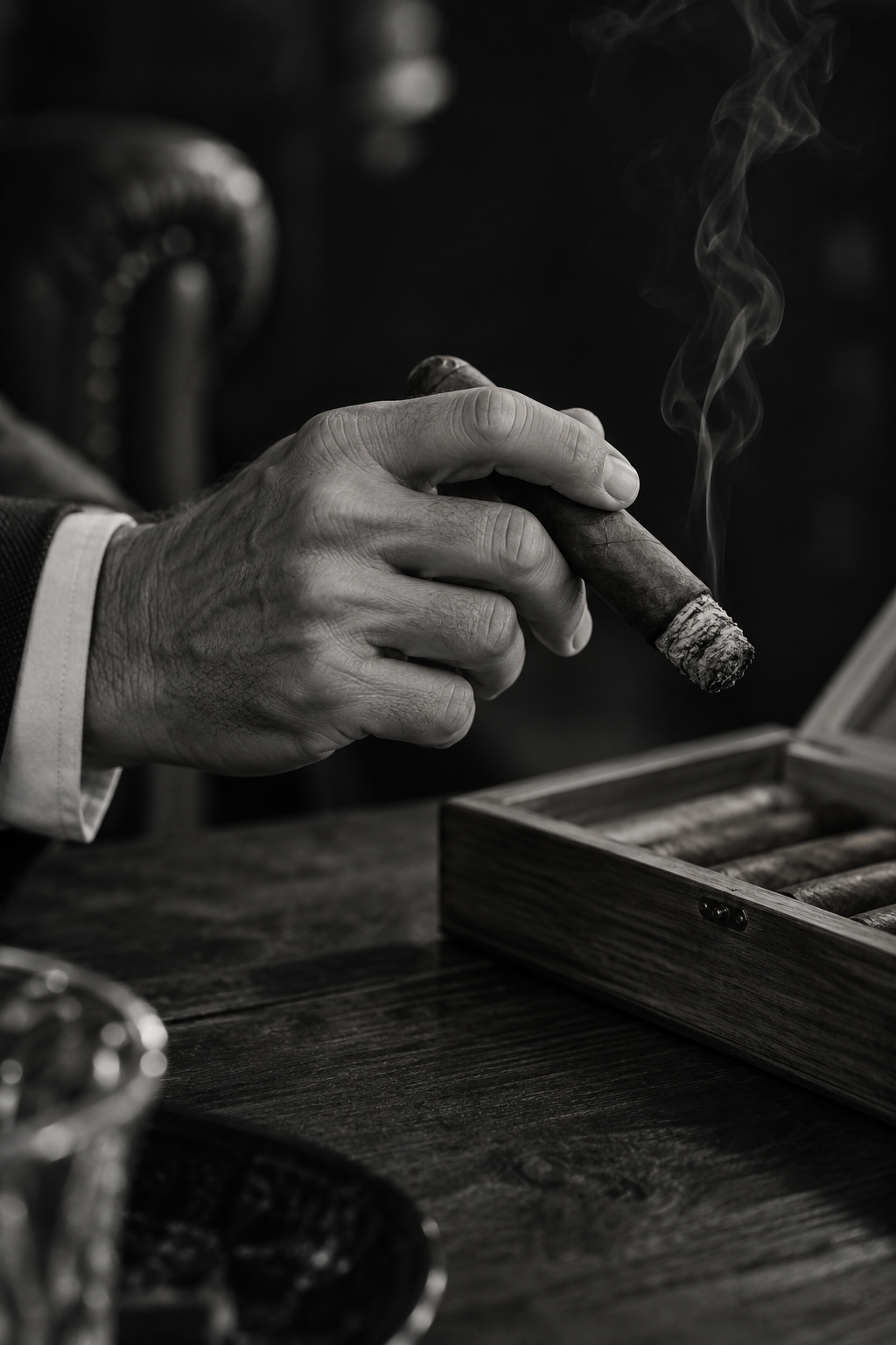 Black-and-white detail of a hand holding a cigar beside a cedar cigar box