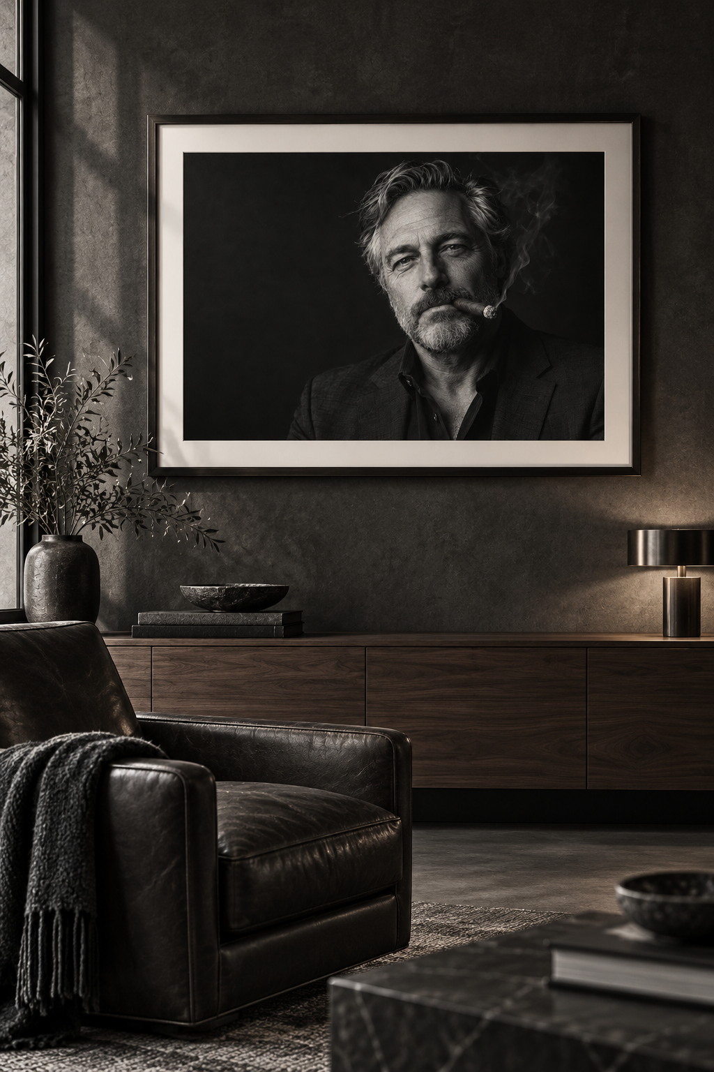 Framed cigar aficionado portrait displayed in an elegant private interior
