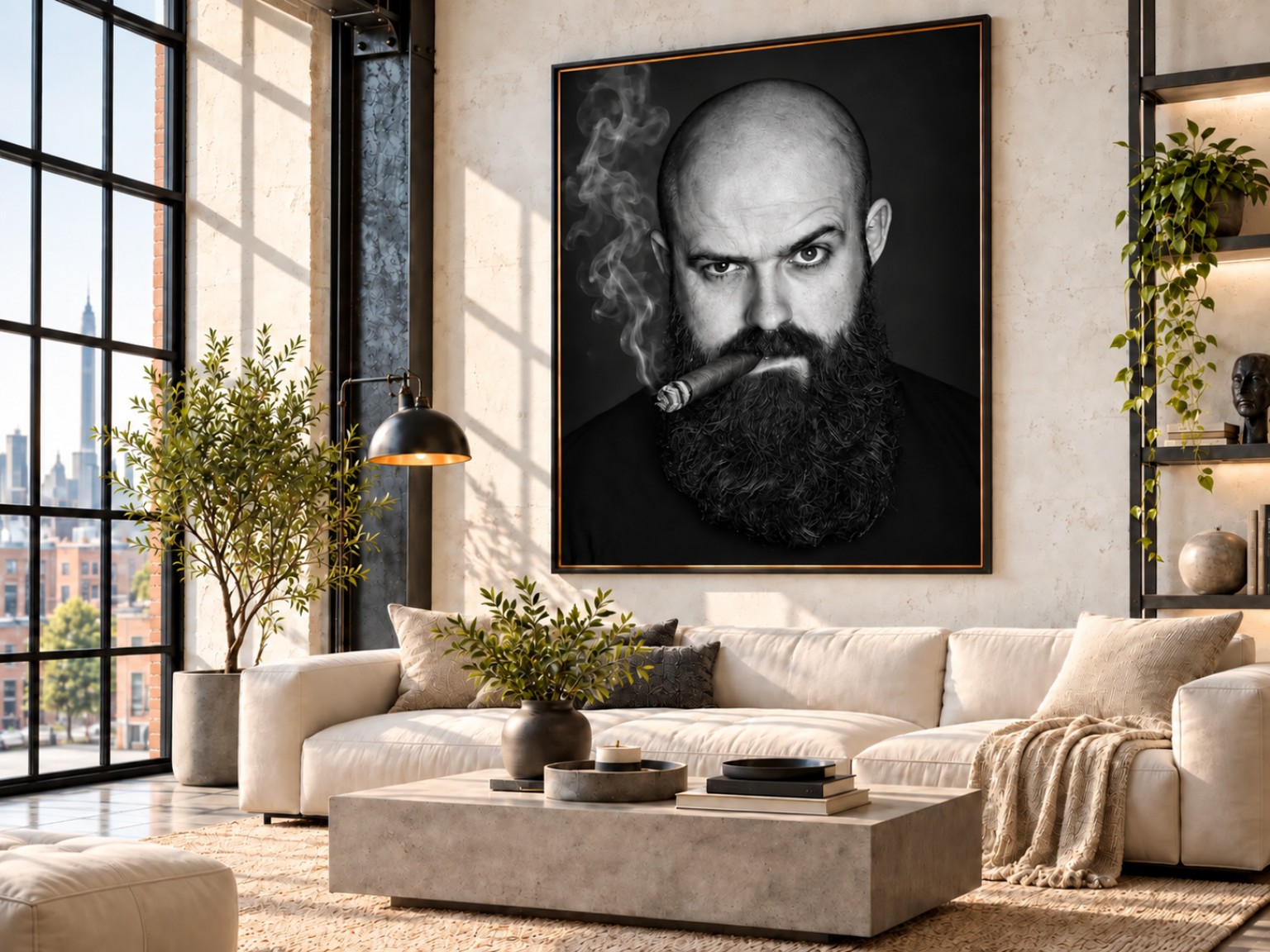 Framed black-and-white portrait of Glen with a cigar above a light-coloured sofa in an industrial interior