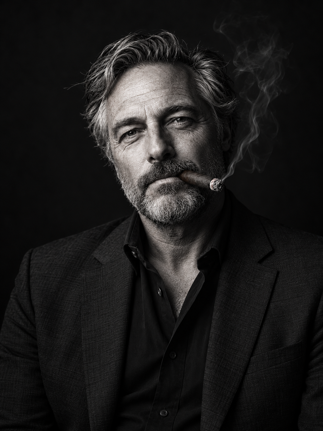 Vertical black-and-white portrait of an aficionado with a cigar and rising smoke